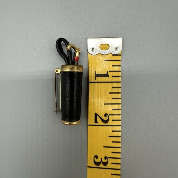 Vintage Cane Holder Brooch Pin Jacket Hat Brooch Gold Tone Black Leather 2” - Picture 5 of 6
